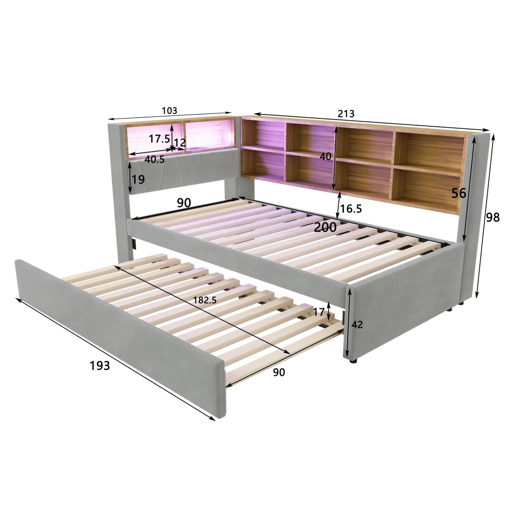 Divano letto multifunzionale 90x200 cm con letto estraibile 90x190 cm, luci LED, prese multimediali, vani contenitore, flanella, grigio chiaro