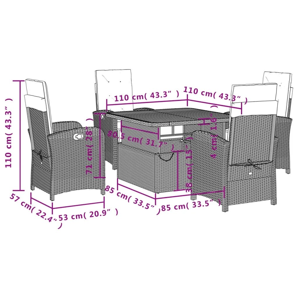 Set da Pranzo da Giardino 5 pz Nero con Cuscini in Polyrattan 3277330