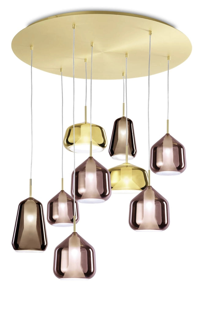 X-RAY SOSPENSIONE RETTANGOLARE 9 LUCI VETRI 2 BRONZO, 5 RAME, 2 ORO MONTATURA ORO ATTACCO G9