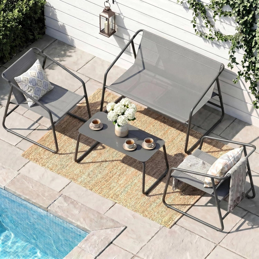 Set Salotto da Giardino 4 Pezzi, Mobili da Balcone in Tessuto Texteline con Divano 2 Posti, 2 Poltrone e Tavolino, Resistente alle Intemperie, Ideale per Balcone Terrazza Giardino, Grigio