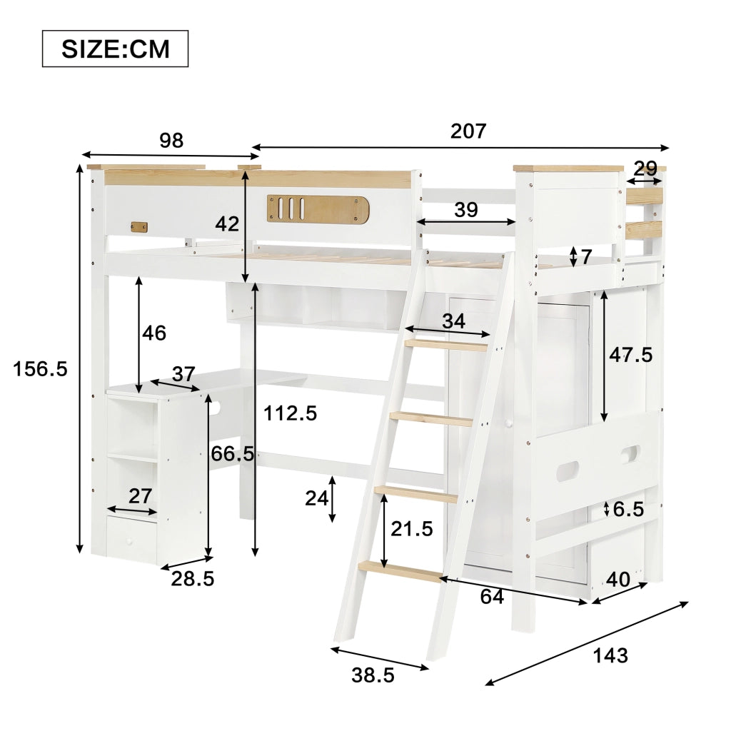 Letto a Castello 90x200 cm - Scrivania; Armadio e Scaffale Aperto - in Legno e MDF - Bianco e Naturale