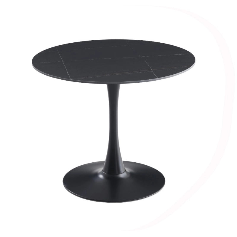 Tavolo rotondo Dot con piano in ceramica effetto marmo nero opaco con particolari oro e gamba nera
