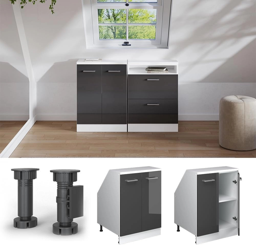 Mobile sottotetto Rion, Antracite lucido, 60 x 81.6 cm con 2 porte, carcassa 60 cm profondità, adatto per il salvaspazio sotto tetti spioventi