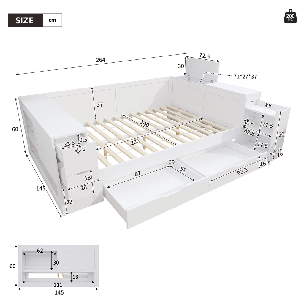 Letto contenitore in legno MDF 140x200 cm bianco, daybed multifunzionale con cassetti, ripiani e comodino, senza materasso