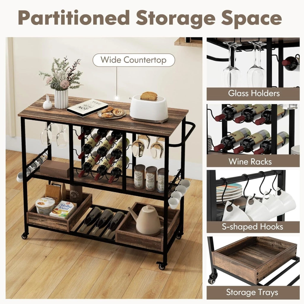 Carrello di Servizio Industriale a 3 Livelli, Carrello da Cucina con Portabicchieri, Porta Bottiglie, 107,5x40x91,5 cm