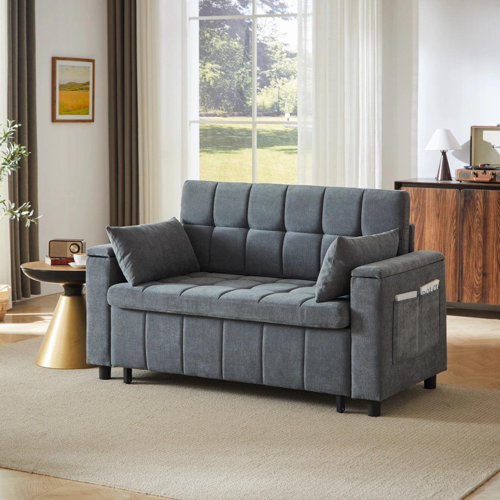 Divano letto 2 posti 3 in 1 con contenitore nei braccioli e tasche laterali, struttura in metallo, in ciniglia grigio