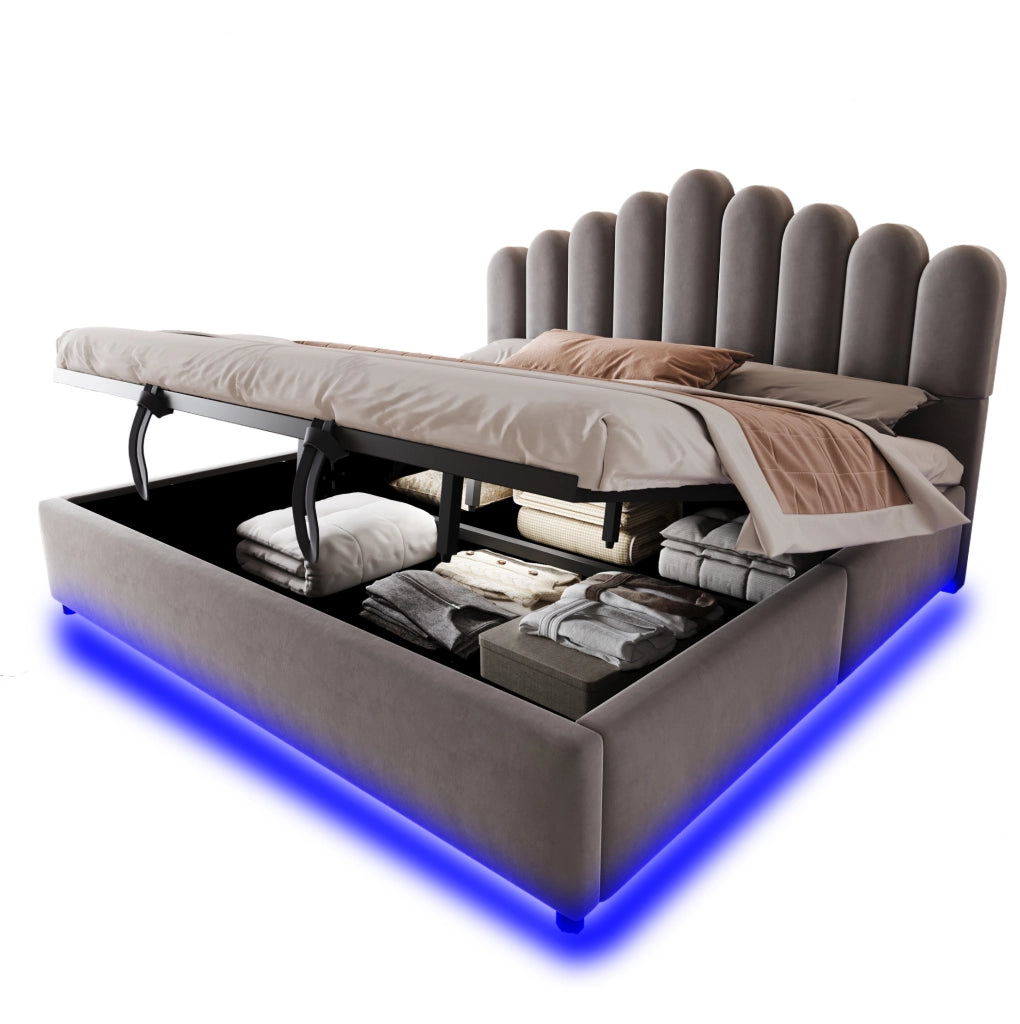 Letto imbottito 180x200 cm con contenitore idraulico; LED; velluto grigio