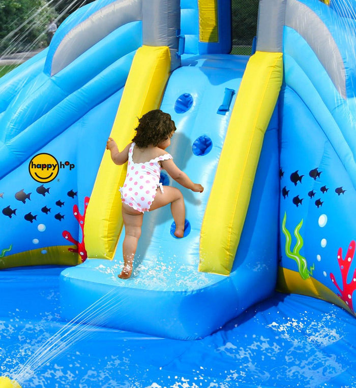Castello Giostra Gonfiabile Acquatico Shark Splash Center con Pompa Happy Hop