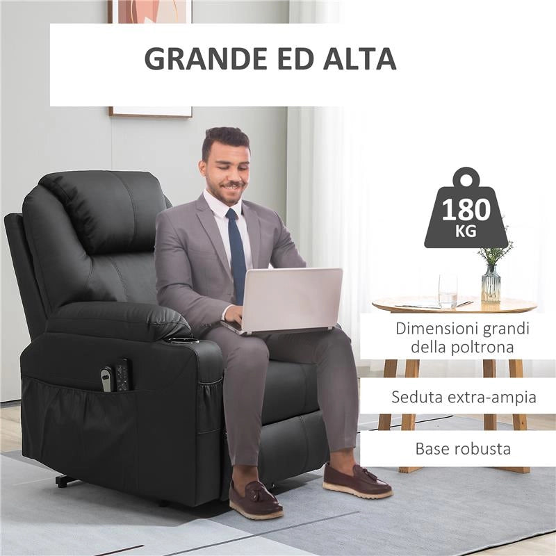 POLTRONA ALZAPERSONA RECLINABILE MAX 135° CON 8 PUNTI MASSAGGIANTI E POGGIAPIEDI, 88X92X106 CM, NERO