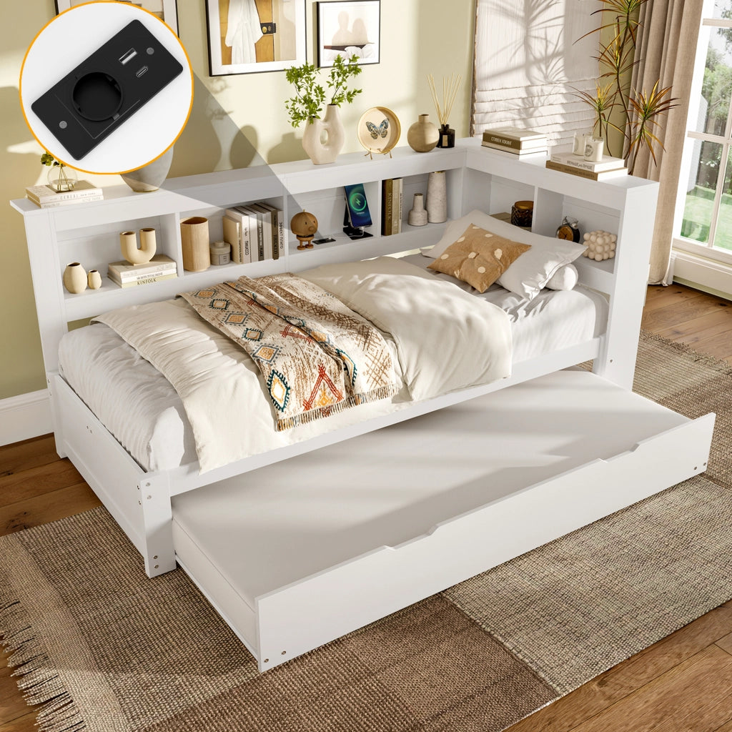 Letto estraibile singolo 90×200 cm con presa; 2 USB e ripiani; senza materasso; pino; bianco