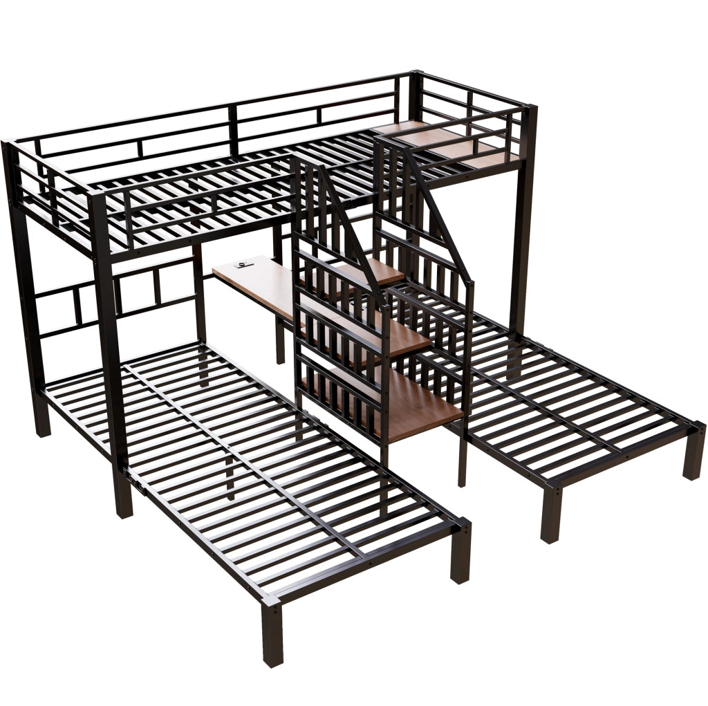Letto a castello 90x200 cm in metallo e MDF con LED; scrivania; USB e vano contenitore; nero