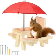 Esecutore di cibo per scoiattoli da picnic per esterni - Cestelli di alimentazione in legno con struttura solida - Ombrello rosso - Decorazione giardino - 178 x 203 x 28 cm