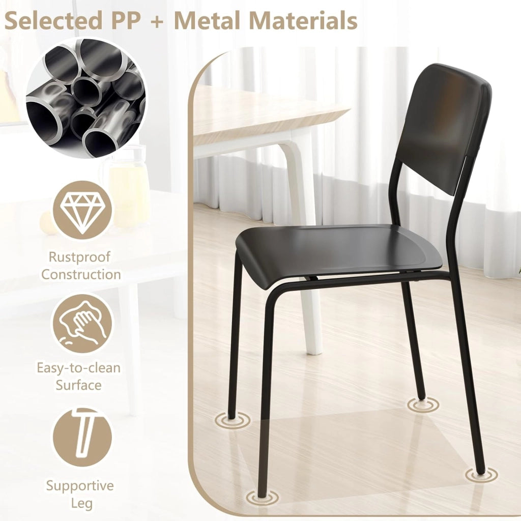 Set di 4 sedie da sala da pranzo, sedia da cucina impilabili con gambe in metallo, sedie senza braccioli, seduta e schienale in PP, per soggiorno, carico 160 kg (nero)