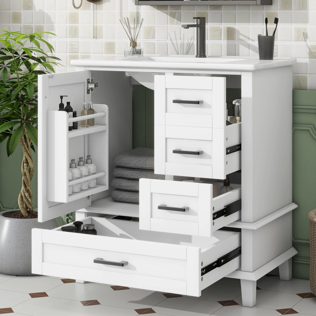 Mobile lavabo da bagno freestanding 76x46x83,5 cm bianco con lavabo in ceramica integrato, 3 cassetti silenziosi e vano con ripiano