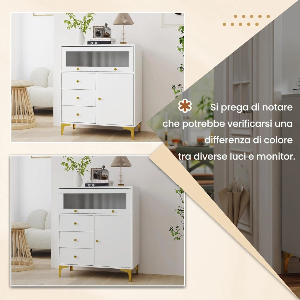 Cassettiera Credenza Camera da Letto a 3 Cassetti, Mobile con Ante e Scomparto con Vetrina Ribaltabile, Comò per Ingeresso, Soggiorno e Cucina, 80 x 40 x 95,5 cm, Bianco