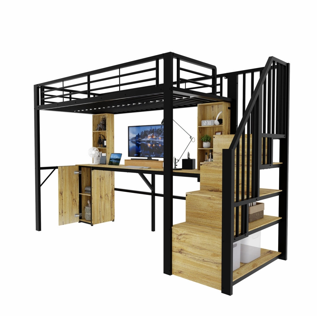 Letto a soppalco 90x200 cm con scrivania; vani contenitore e porta USB; nero; metallo e MDF