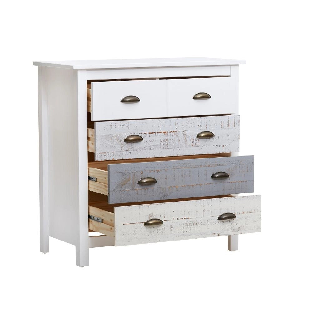 Comò in legno massiccio bianco grigio e crema Romantica 79x40x80H – Eleganza Naturale con 5 cassetti