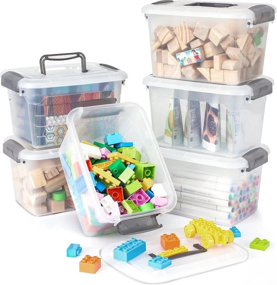 Set di 8 Scatole di Archiviazione 5L con Maniglione e Coperchio, Scatola di Archiviazione Trasparente Stivabile per Lego e Materiali di Ricreazione, 27.8 x 19.5 x 16.4 cm