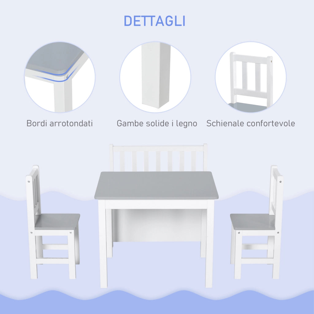 Set Tavolo per Bambini con 2 Sedie e Cassapanca in Legno per Cameretta, Bianco e Grigio