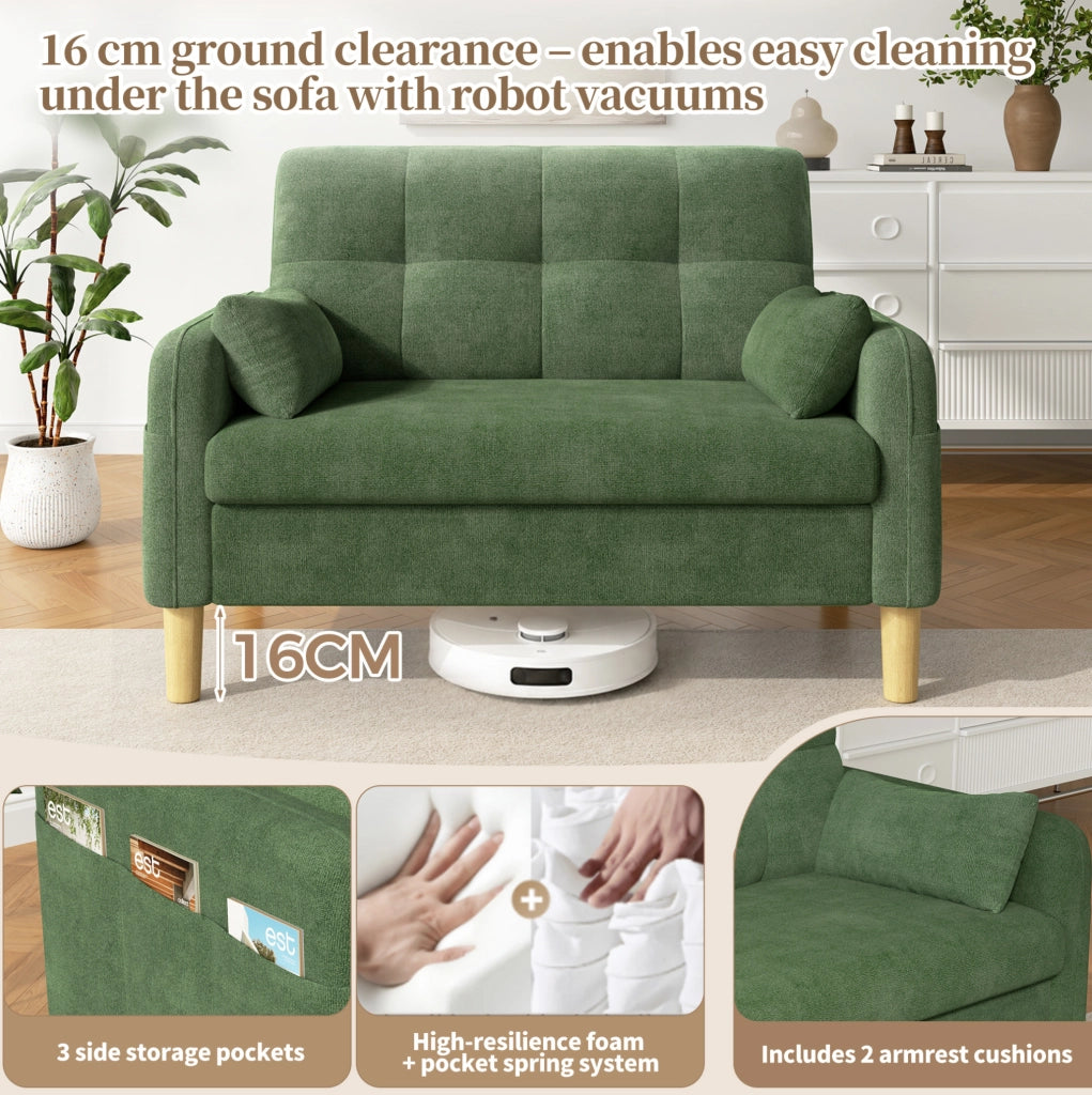 Divano modulare 2 posti in ciniglia verde con 2 cuscini e tasca laterale; 119 x 78 x 85 cm