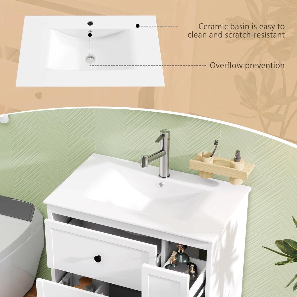 Mobile sottolavabo con 4 cassetti e lavabo in ceramica, per bagno, in MDF e ceramica, bianco, 76 × 46 × 82 cm