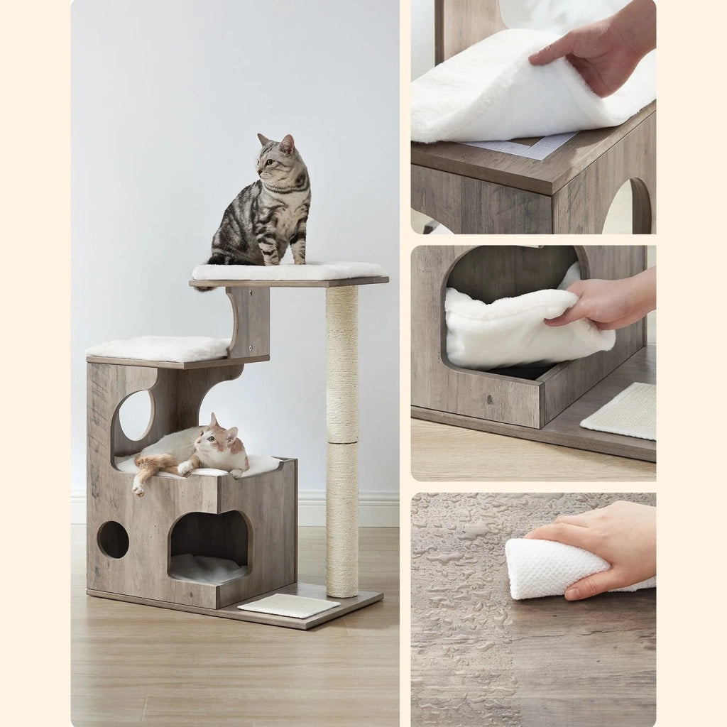 Tiragraffi altezza 88 cm 3 piattaforme e 1 grotta pannello MDF con impiallacciatura in legno palo in sisal pelliccia sintetica lavabile stile vintage grigio 12_0003860