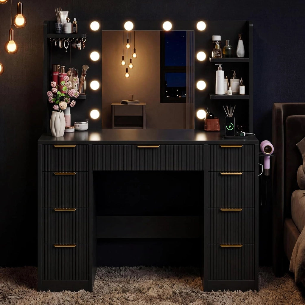 Mobile da Trucco Moderno con Illuminazione e Presa - Grande Comodino con Specchio, 9 Cassetti e Porta Phon, Tavolo Vanity per il Make-up (Nero)
