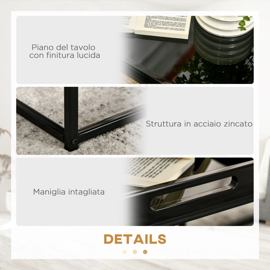 Easycomfort Set da 2 Tavolini da Caffè Impilabili con Finitura Lucida e Telaio in Acciaio, Nero