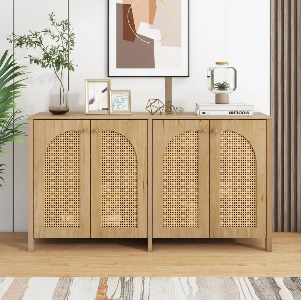 Madia 4 ante con inserti in rattan PE e ripiano regolabile; MDF colore naturale