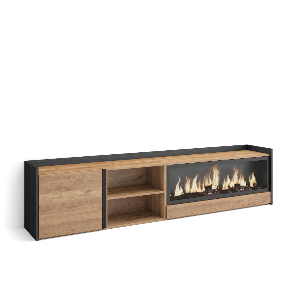 Mobile TV Soggiorno, 212x50x35 cm, Per TV fino a 80", Camino elettrico XXL, Rovere e nero