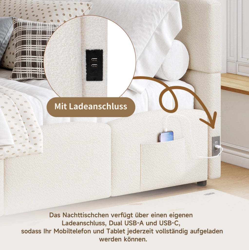 Letto singolo contenitore 90x200 cm in bouclé beige con USB