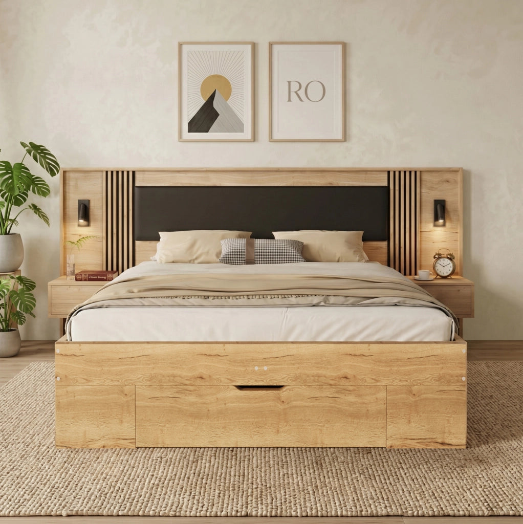 Letto 160x200 cm con cassetto, comodini e luci orientabili in MDF naturale