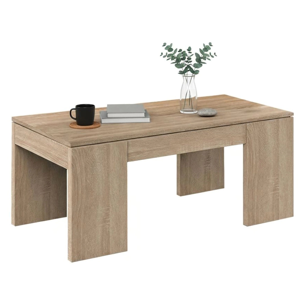 Tavolino da salotto Almo, Tavolino da caffè con piano elevabile, Tavolo basso da soggiorno, cm 100x50h43/84, Rovere