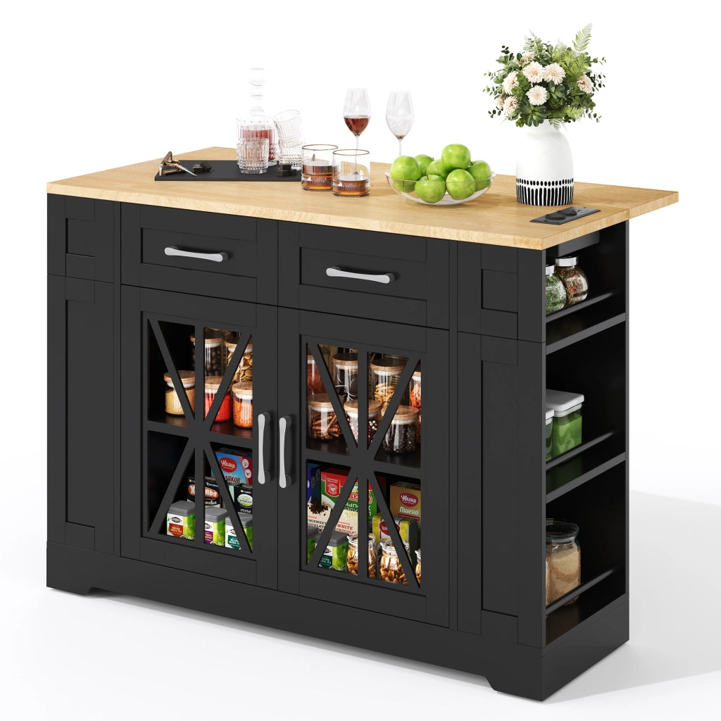 Isola cucina mobile 120 cm con piano ribaltabile, prese AC e USB, ante in vetro, ruote frenate