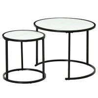 Set di 2 Tavolini da Salotto Rotondi Impilabili in Acciaio ed Effetto Marmo, Bianco