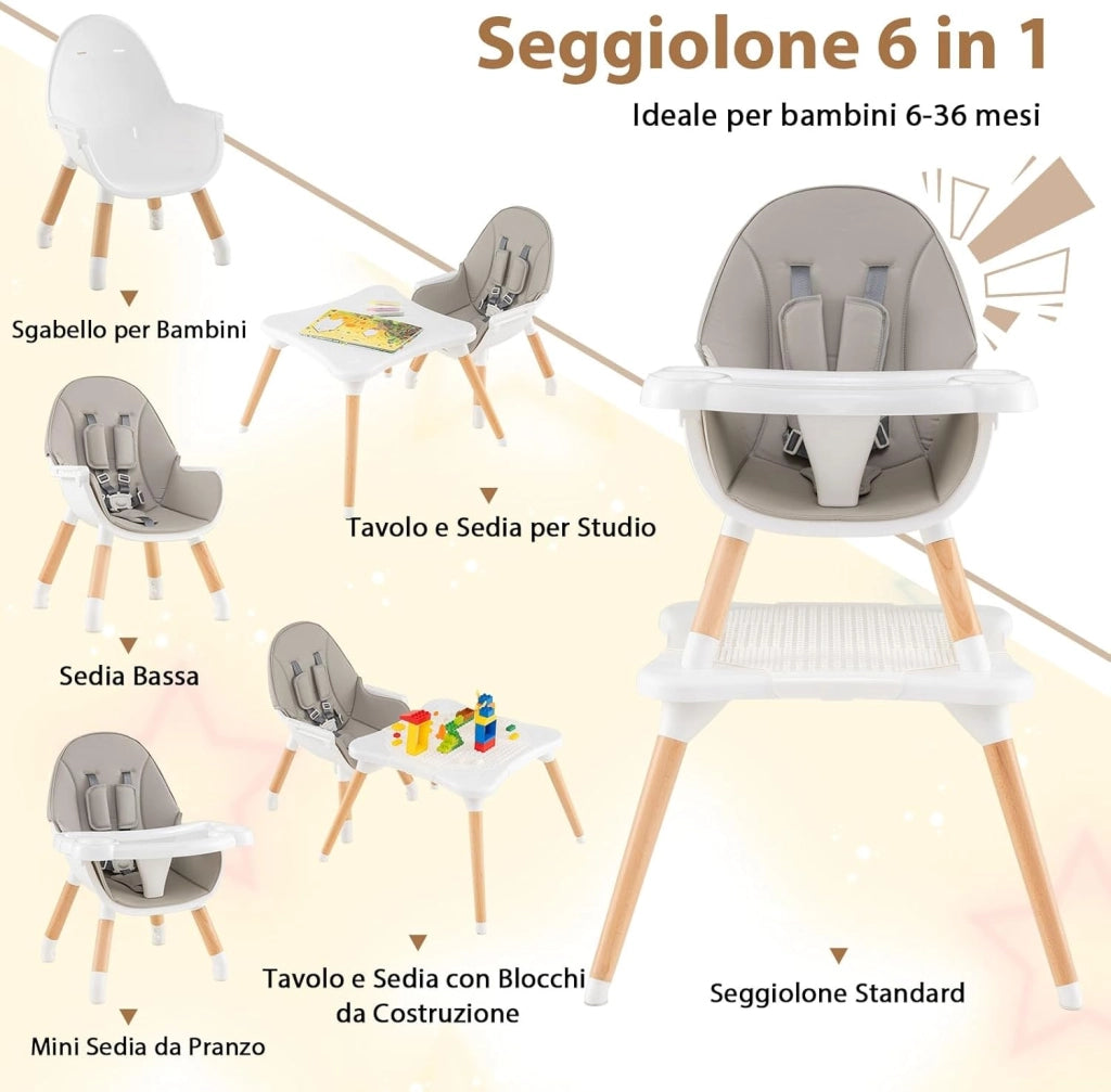 6-in-1 Seggiolone per Neonati, Seggiolone Prima Pappa, Tavolo e Sedia Convertibile per Bambini, Imbracatura di Sicurezza, Vassoio Rimovibile, per Bambini 6-36 Mesi (Grigio+Bianco)