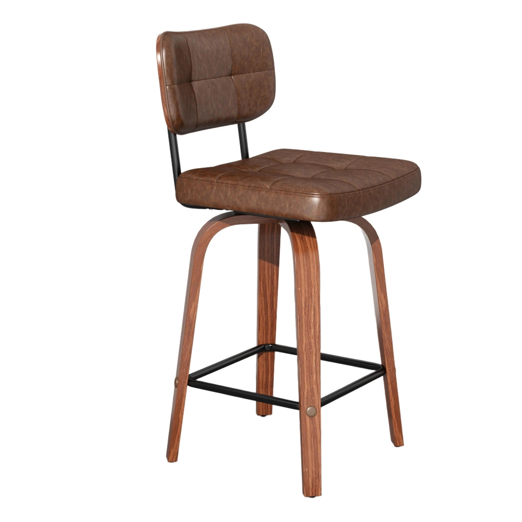 Sgabello da bar con schienale ergonomico e anello antiscivolo stile scandinavo in pelle pu e legno walnut brown