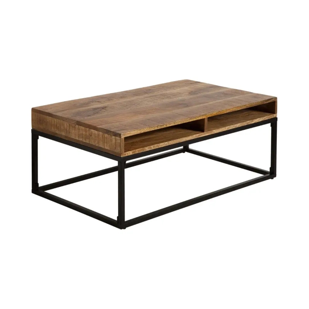 Tavolino LODEN 100 cm in legno massiccio di mango con vani contenitori e metallo nero - stile industriale