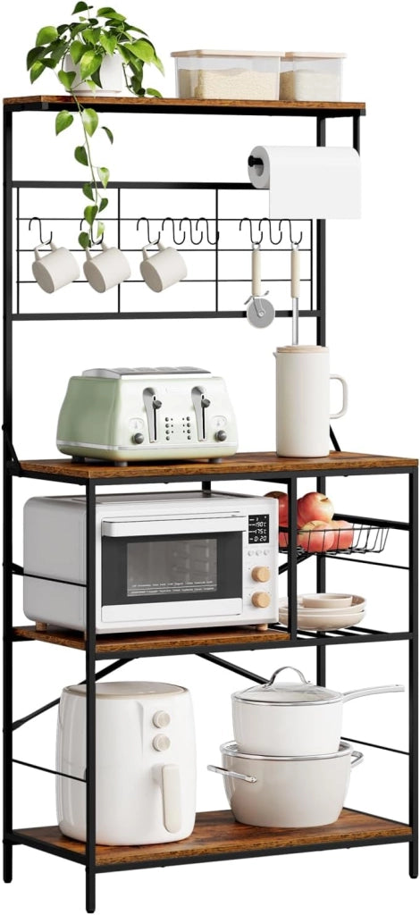 Scaffale da Cucina a 4 Livelli, Scaffale per Microonde con 10 Ganci, Cestino Estraibile, Supporto per Rotolo da Cucina, Struttura in Metallo, 80x40x168cm, Marrone Rustico+Nero