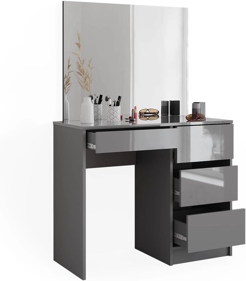 Tavolo da toeletta Sherry, Grigio, 90 cm con specchio, con grande specchio per la cura quotidiana e la creazione di acconciature