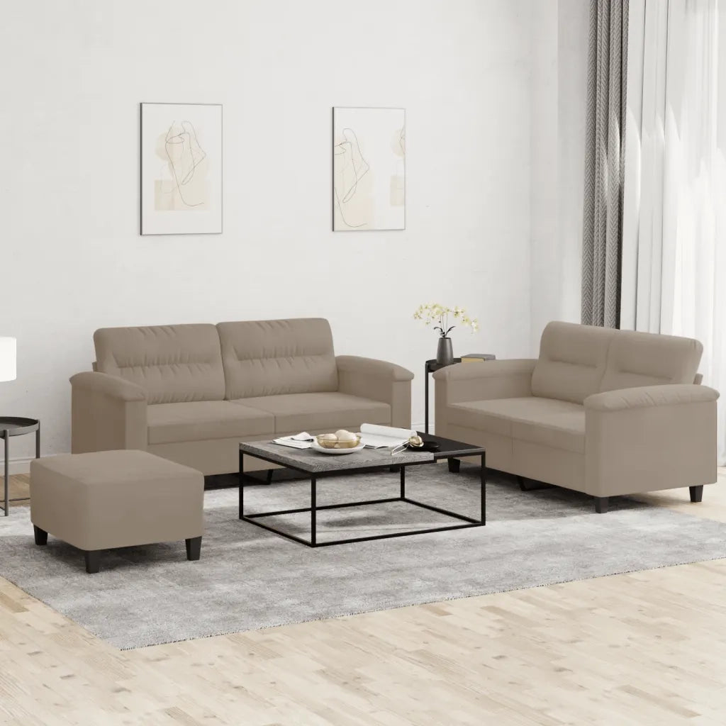 Set Divani 3 pz con Cuscini Tortora in Tessuto Microfibra