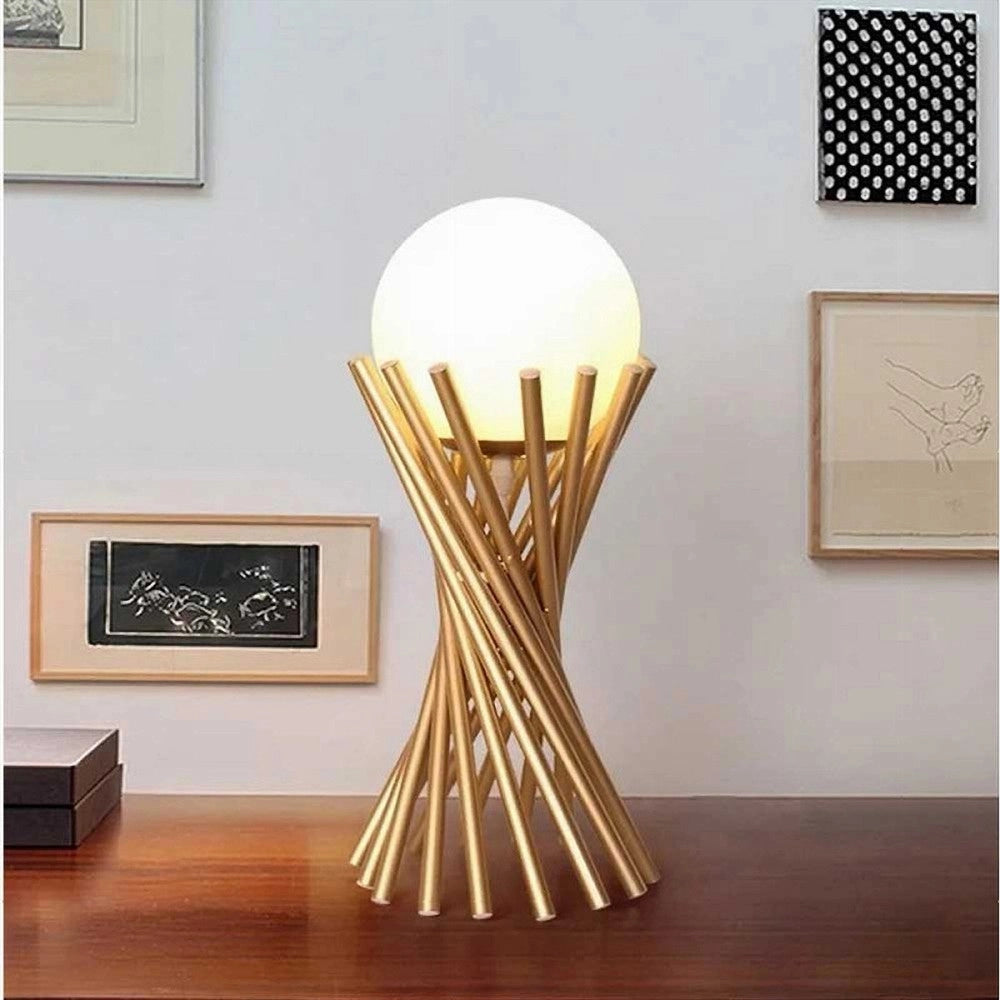 Trade Shop - Lampada Da Tavolo Tubolare Minimalista In Metallo Bronzo Con Sfera Vetro G9 D32 -