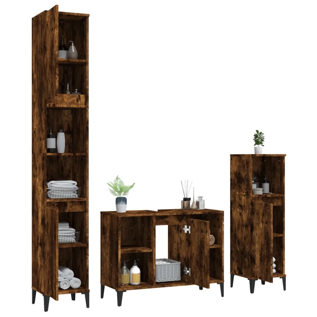 Set Mobili da Bagno | Armadio da bagno 3 pz Rovere Fumo in Legno Multistrato