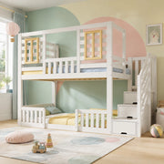Letto a castello con scala contenitore; 2 posti letto 90x200 cm; bianco