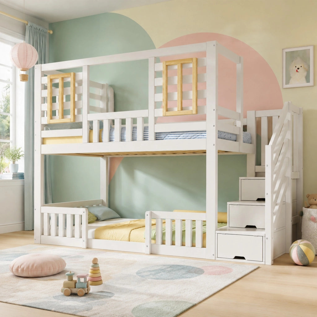 Letto a castello con scala contenitore; 2 posti letto 90x200 cm; bianco
