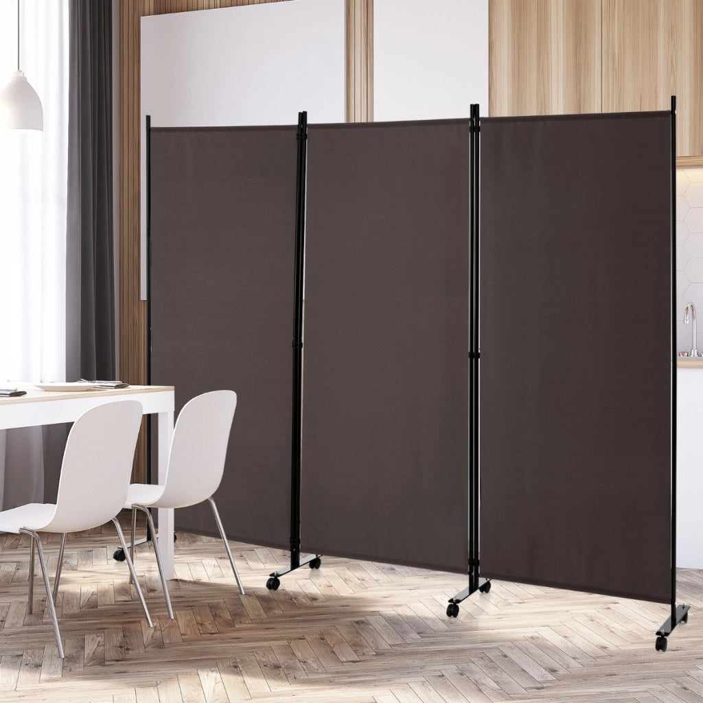 Divisorio a 3 pannelli-Paravento in tessuto portatile con ruote per privacy, Divisorio indipendente per casa e ufficio Marrone