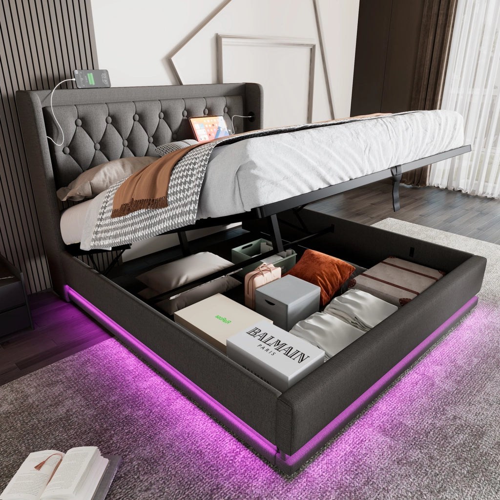 Letto contenitore imbottito 140x200 cm grigio in cotone con testiera USB Type-C e LED