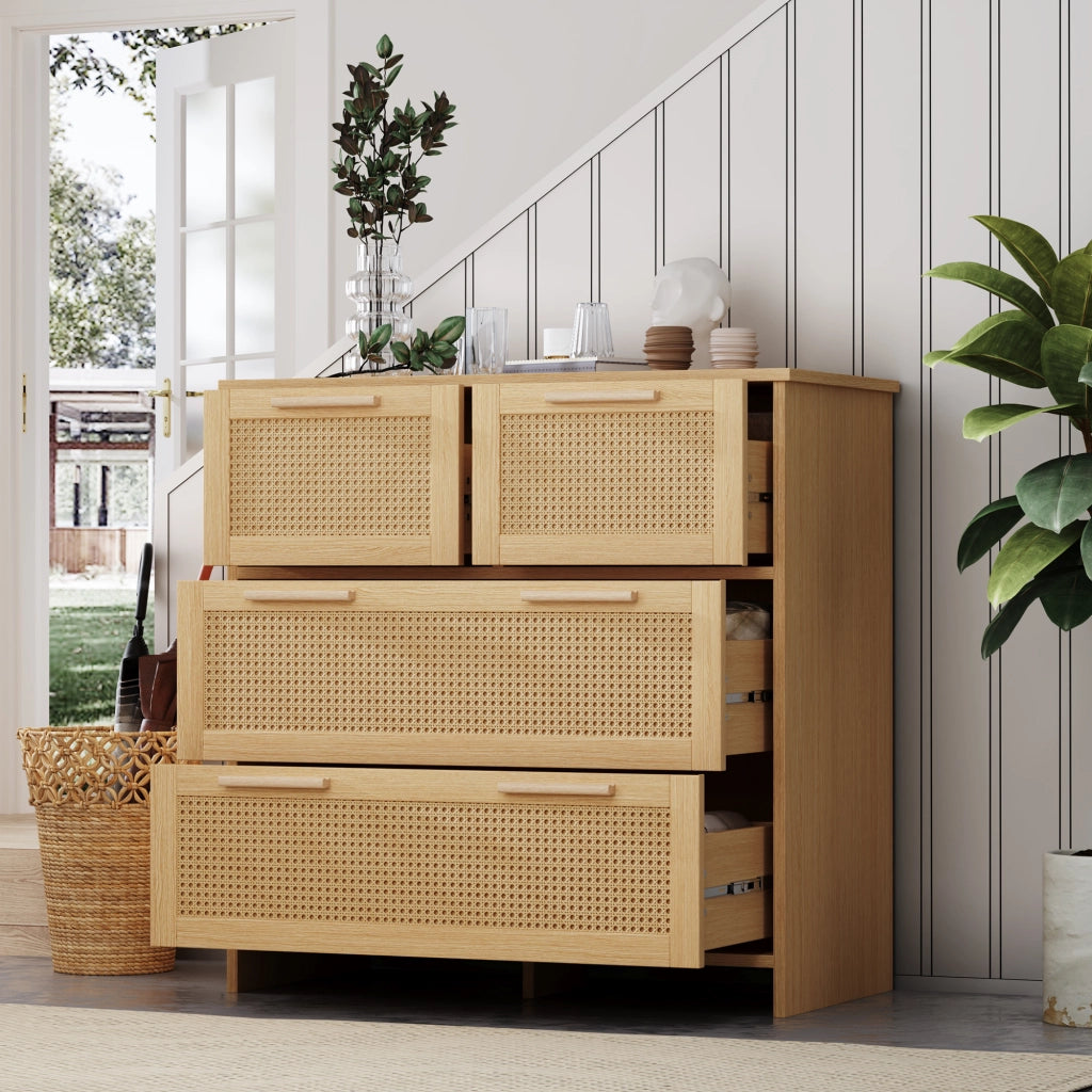 OKWISH Comò in Rattan con 4 Cassetti e Dispositivo Antiribaltamento, per Camera o Ingresso, MDF, Naturale, 80 × 38 × 80 cm