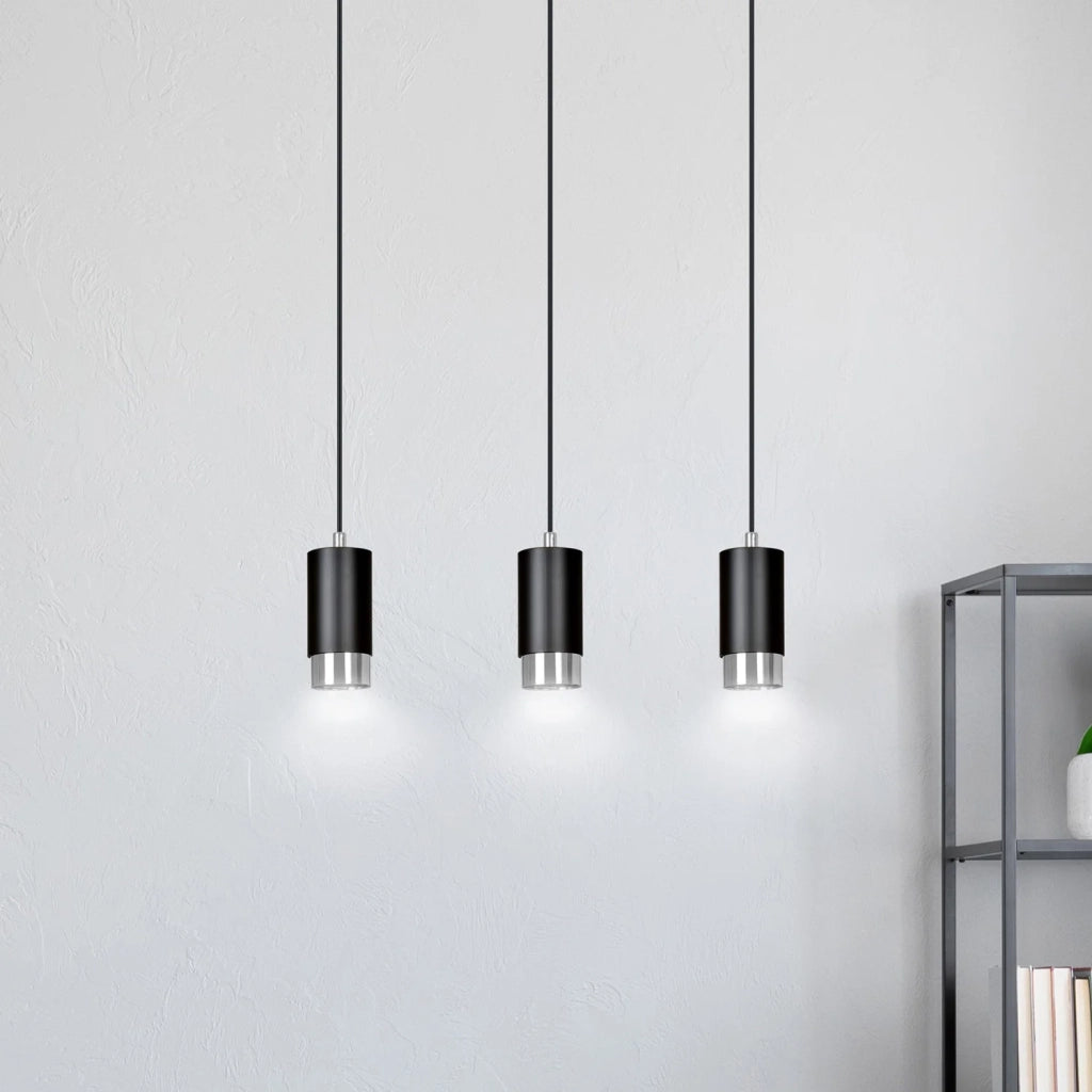 Lampadario 3 Luci Ivar Con Cilindri In Acciaio Nero E Cromo
