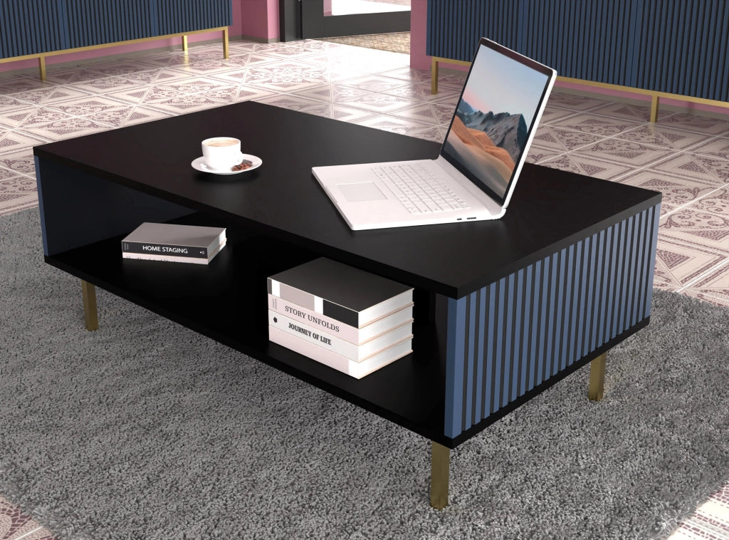 TAVOLINO DA CAFFÈ RAVENNA F IN MDF VERNICIATO 90x60x45 NERO OPACO BLU NAVY STRUTTURA ORO